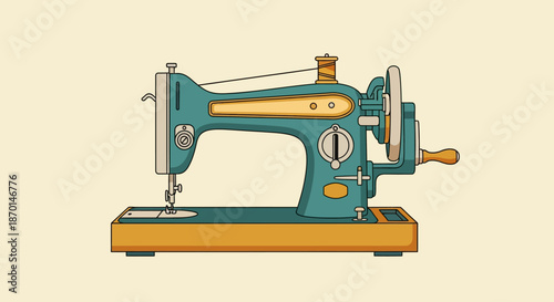Vintage turquoise and yellow sewing machine with a wooden base, depicted in a flat illustration style.
