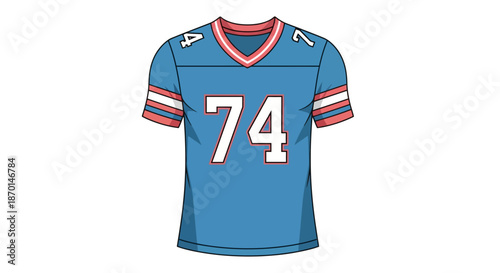 A blue football jersey with the number 74 prominently displayed in white, featuring red and white striped sleeves and collar.