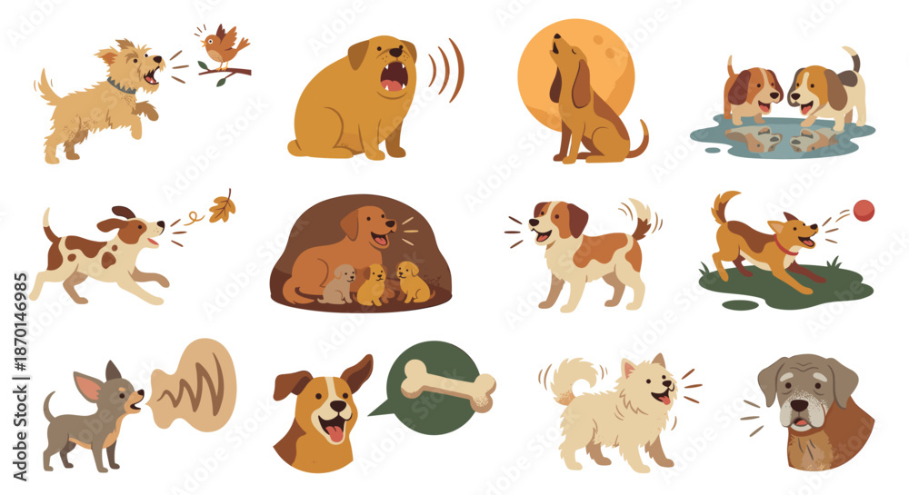 Fototapeta premium Barking dog vector collection in various scenarios. Set of cute puppies playing, howling at moon, and chasing birds. Flat cartoon pet behavior illustration isolated on white.