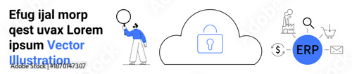 Cloud with a lock representing security, ERP icon, user interacting, shopping cart, email, magnifying glass. Ideal for business, technology, data security e-commerce analysis simple landing page