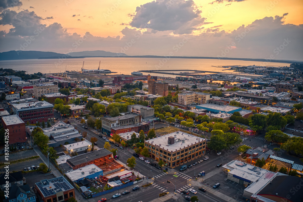 Fototapeta premium Aerial View of Bellingham, Washington during Summer Sunset