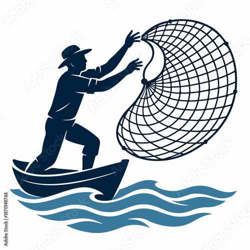 Illustration of a fisherman throwing a net into the sea