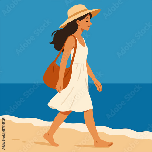 Illustration of a woman walking leisurely on the beach