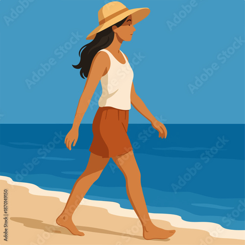Illustration of a woman walking leisurely on the beach