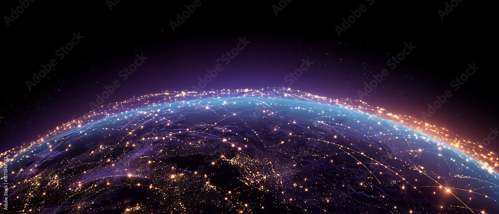 Obraz premium digital global payment infrastructure, glowing network around planet earth, future finance concept