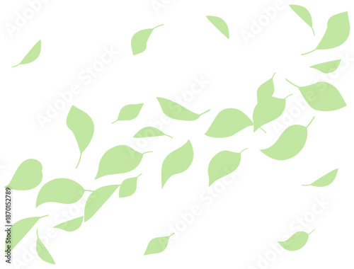 風に舞う葉っぱの緑色のシルエットのイラスト