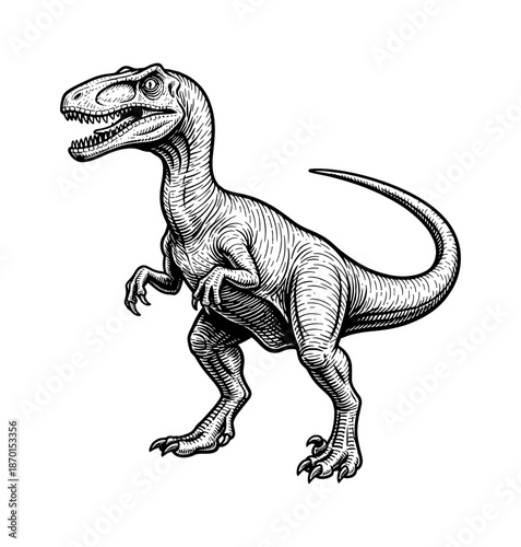 Fierce Velociraptor Dinosaur Standing with Open Mouth Showing Sharp Teeth in Engraved Black and White Line Art
