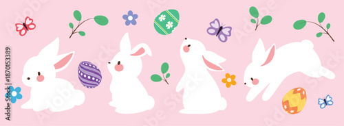 Easter bunny clipart set. Cute Easter bunny character clip art with different poses like sitting, standing and hopping position for spring season flat white rabbit cartoon collection vector 