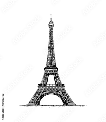 Eiffel Tower Detailed Engraved Illustration Black and White Vector Art Drawing of Parisian Landmark