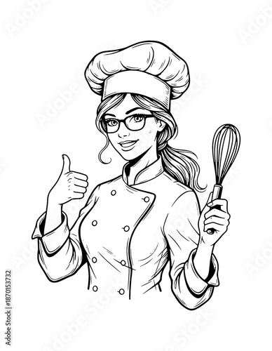 Smiling female chef with glasses in a uniform giving thumbs up and holding a whisk happy expression