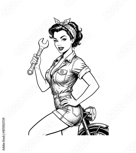 Smiling pinup woman mechanic holding a wrench sitting on motorcycle in confident vintage style illustration