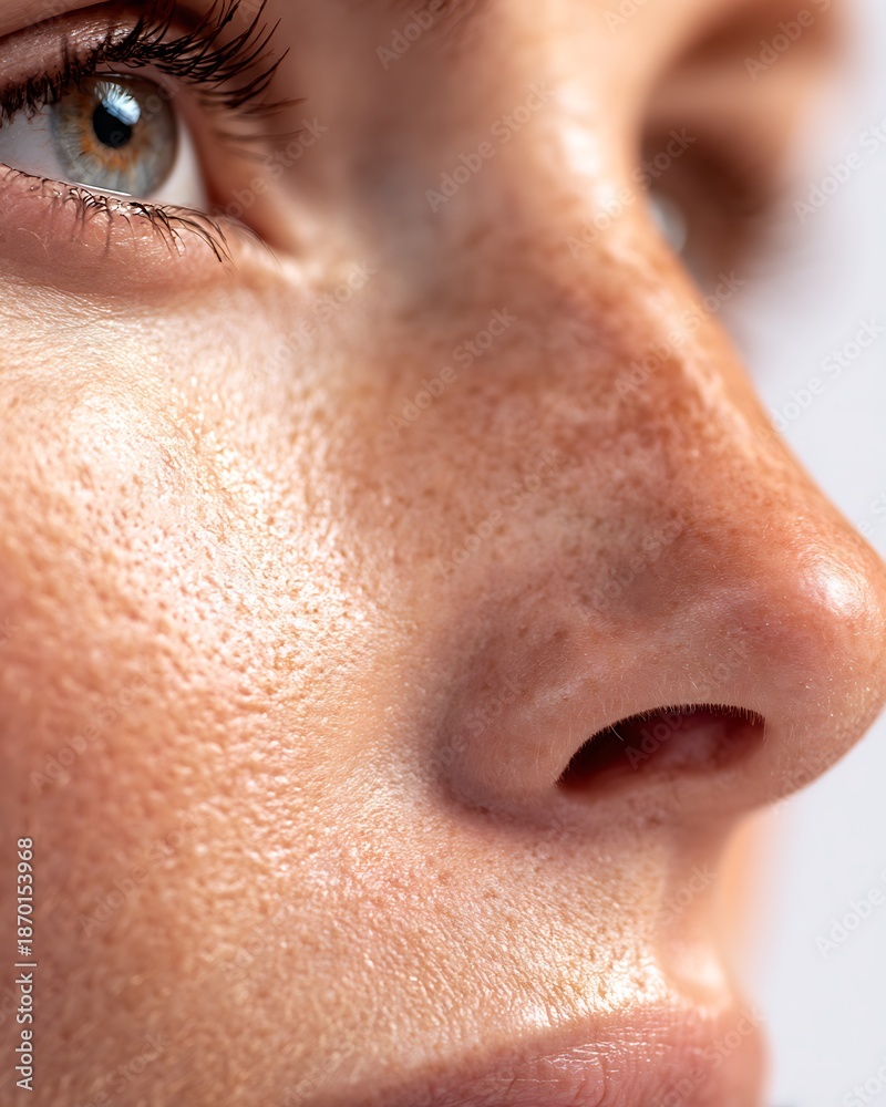 Fototapeta premium Macro image of combination skin with visible pores and natural texture on white background
