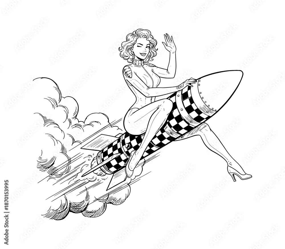 Obraz premium Smiling Winking Pinup Woman Riding Rocket Waving Hand Flying Through Sky Retro Illustration Line Art