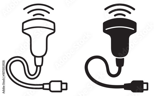 Medical device icon set featuring a line art and solid silhouette ultrasound probe for diagnostic imaging and healthcare concepts