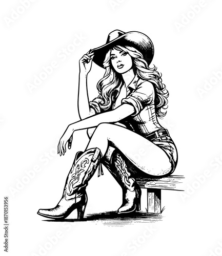 Seductive Cowgirl Woman Posing on a Bench with a Cowboy Hat Pinup Style Line Art Illustration