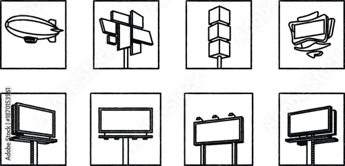 Black and white line drawing of various billboards and signs on poles  several types