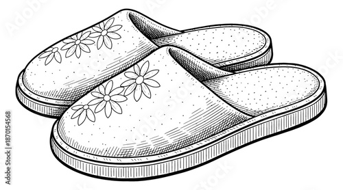 A pair of comfortable household slippers with floral daisy pattern detail presented in black and white line art drawing