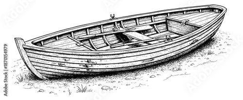 Classic Wooden Rowboat with Oars Resting Ashore Detailed Black and White Line Art Drawing Engraving Style Artwork