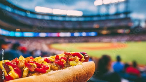 Enjoying a delicious hot dog with colorful toppings at a vibrant baseball stadium game.