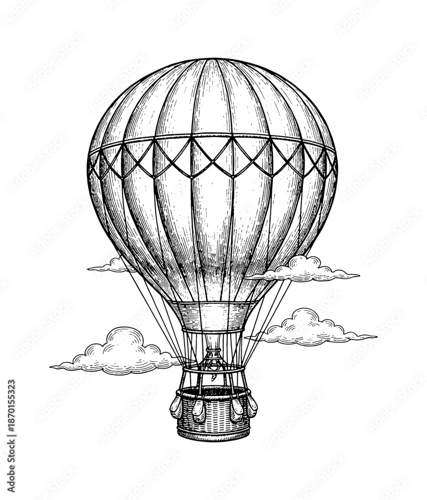 Obraz premium Vintage Hot Air Balloon Flying High Among Clouds Engraved Style Line Art Drawing Black and White Isolated