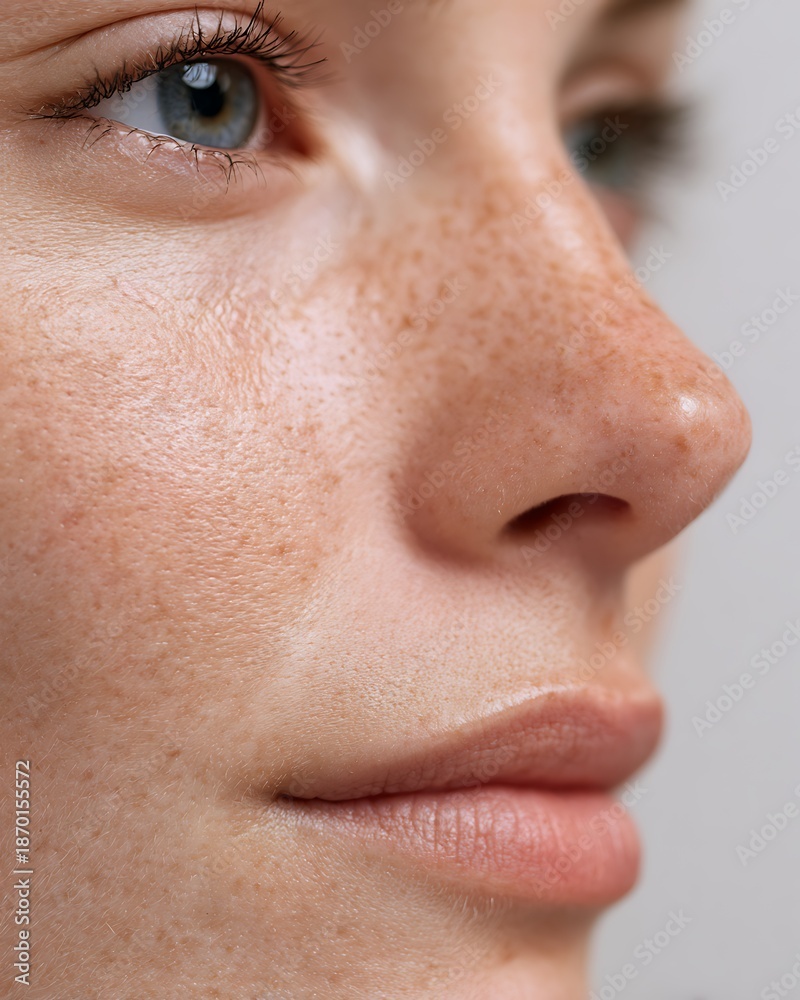 Naklejka premium Macro image of acne-prone facial skin with visible pores on white background