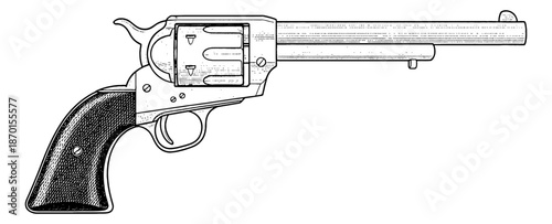 Detailed Vintage Revolver Gun Outline Illustration Black and White Vector Art Isolated on White