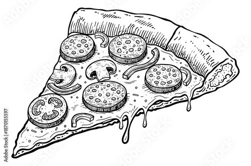 Delicious Pizza Slice with Pepperoni Mushrooms and Onions Melting Cheese Line Art Outline Drawing