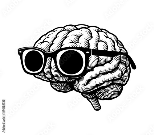 Human Brain Wearing Stylish Sunglasses Smart Thinking Concept Black and White Detailed Illustration