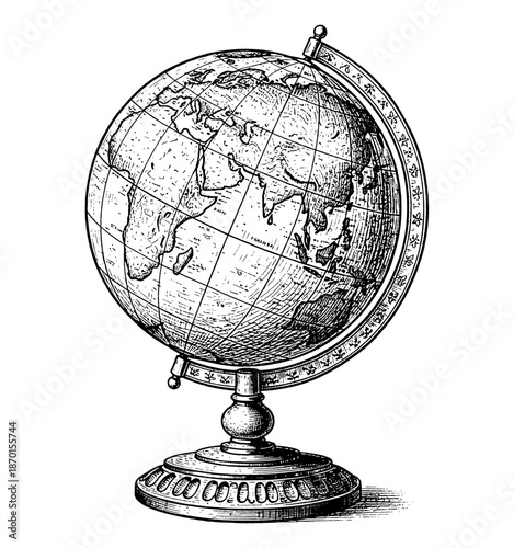 Vintage detailed world globe with continents on a decorative stand in classic black and white engraving style