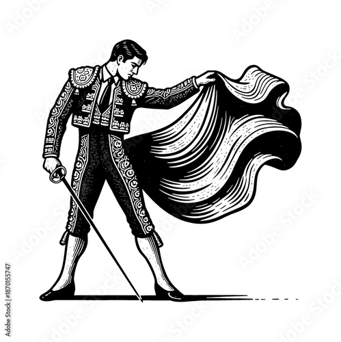 Determined Matador Man Posing with Sword and Flowing Cape in Ornate Traditional Costume Black and White Woodcut Illustration