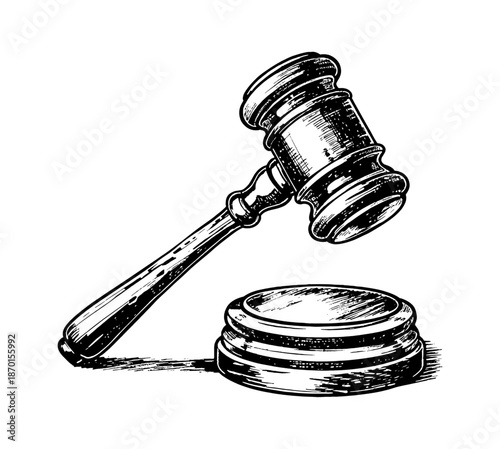 Gavel and Sound Block Illustrating Law and Justice in Engraved Black and White Line Art Drawing
