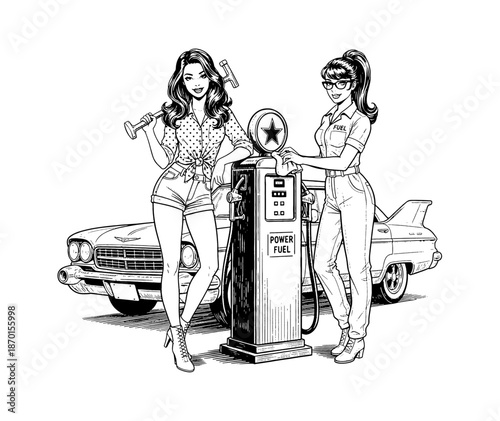 Two smiling Caucasian women at vintage gas station with classic car in retro black and white illustration
