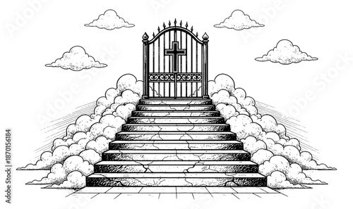 Heavenly Gate with Ornate Cross at Top of Long Stairway Surrounded by Fluffy Clouds Engraved Art