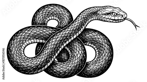 Detailed Black and White Engraving Style Illustration of a Coiled Snake with Flickering Tongue Line Art Drawing