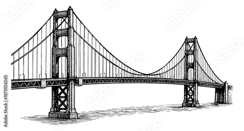 Famous Suspension Bridge Vintage Style Detailed Black and White Outline Drawing Vector Art