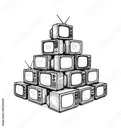 A pyramid stack of vintage CRT television sets in detailed black and white line art illustration