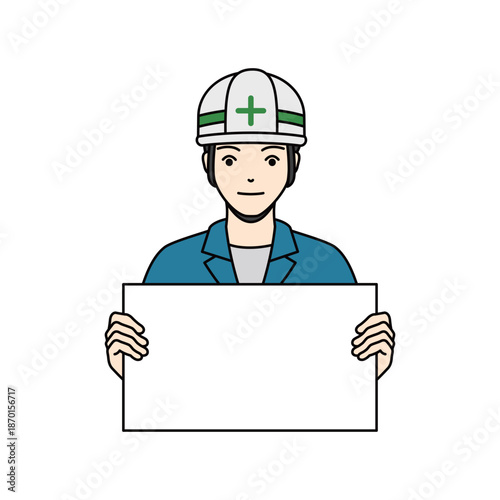 Male worker in uniform and helmet holding blank white board