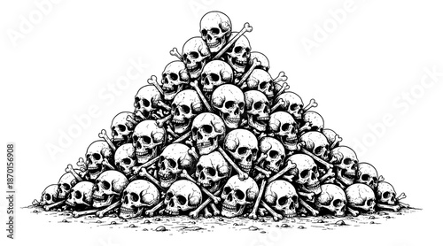 A massive pile of human skulls and bones illustrated in a black and white line art style depicting mortality