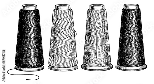 Four Spools of Thread in Classic Engraving Style Black and White Detailed Illustration
