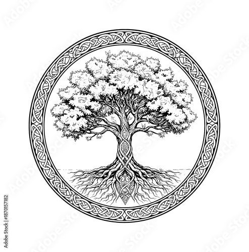 Celtic Tree of Life Symbol with Knotwork Border and Intertwined Roots Black and White Vector