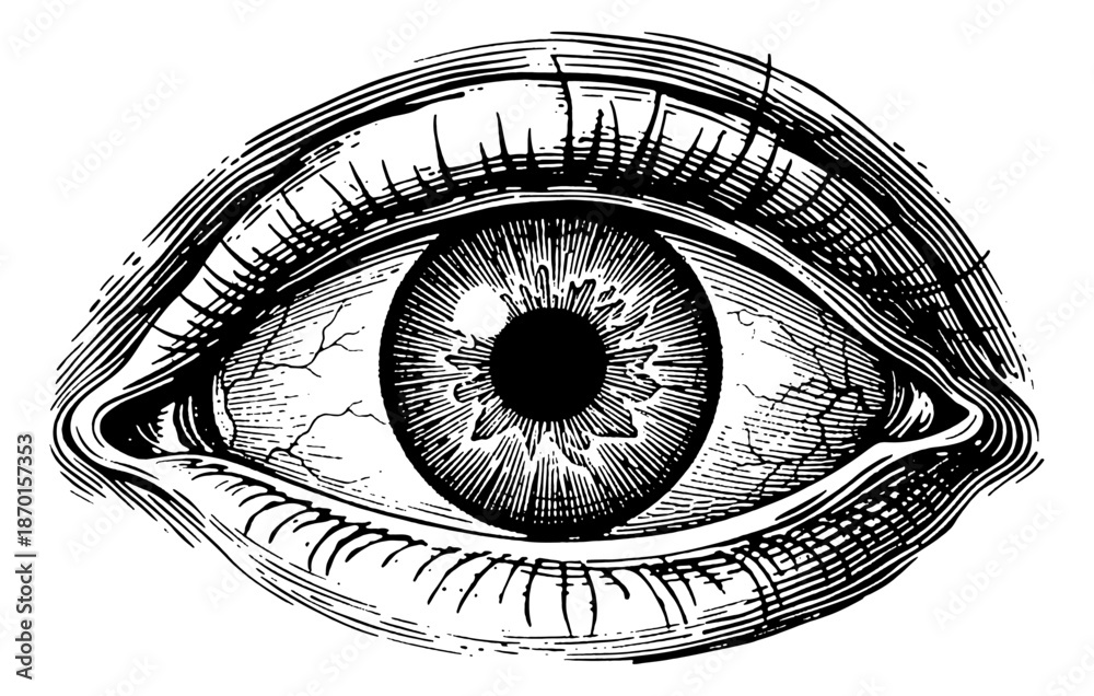 Fototapeta premium Detailed Engraved Human Eye Drawing Black and White with Visible Veins and Eyelashes Staring Forward