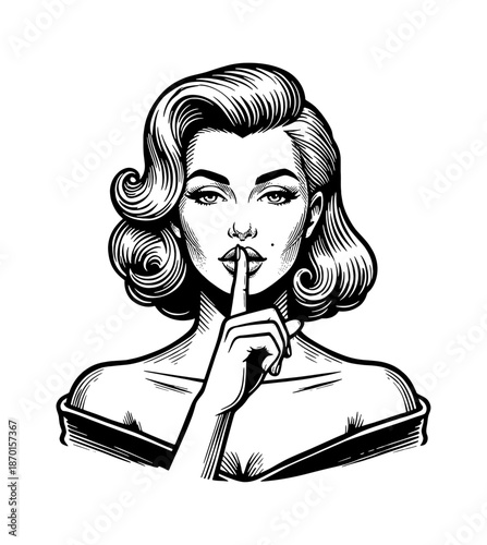 Caucasian woman making a quiet gesture with her finger on lips with a classic hairstyle vintage pinup illustration