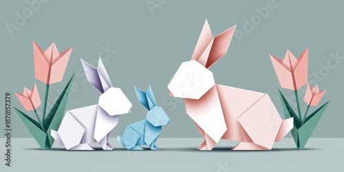 Cute origami rabbit family with spring flowers minimal pastel illustration for Easter greeting cards nursery decor and kids design