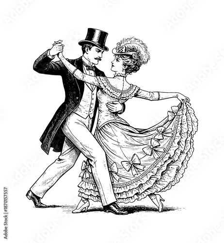 Caucasian couple elegantly dancing ballroom style in vintage formal attire with happy expressions