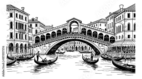Historic Rialto Bridge in Venice Italy with Gondolas and People on Grand Canal Vintage Engraving