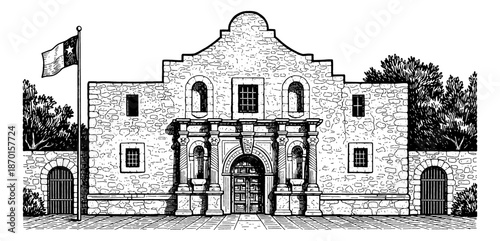 Historic Alamo Mission Building with Texas Flag in Detailed Engraved Style Line Art Drawing