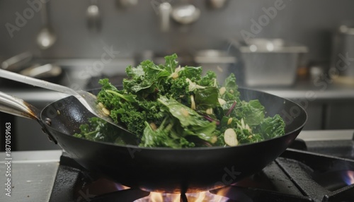 Sautéed kale in pan, cooking on stovetop, vegetable preparation, healthy food, kitchen, gastronomy, culinary style, healthy eating, cooking, stir-fry