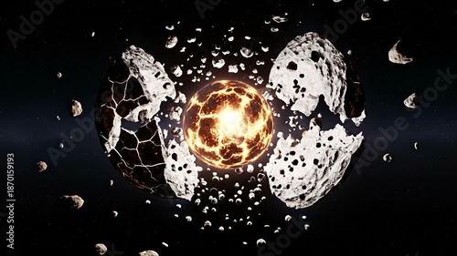 Exploding Asteroid Collision with Fiery Core in Deep Space.