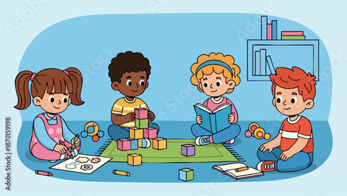 Diverse group of happy children playing and learning together.