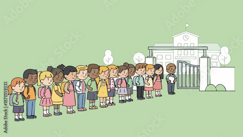 Children waiting in line to enter school building for education.